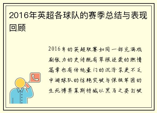 2016年英超各球队的赛季总结与表现回顾