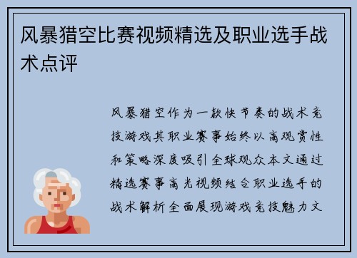风暴猎空比赛视频精选及职业选手战术点评