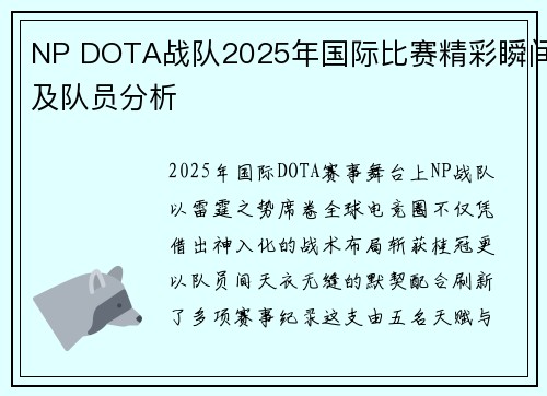 NP DOTA战队2025年国际比赛精彩瞬间及队员分析
