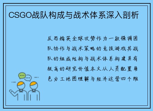 CSGO战队构成与战术体系深入剖析